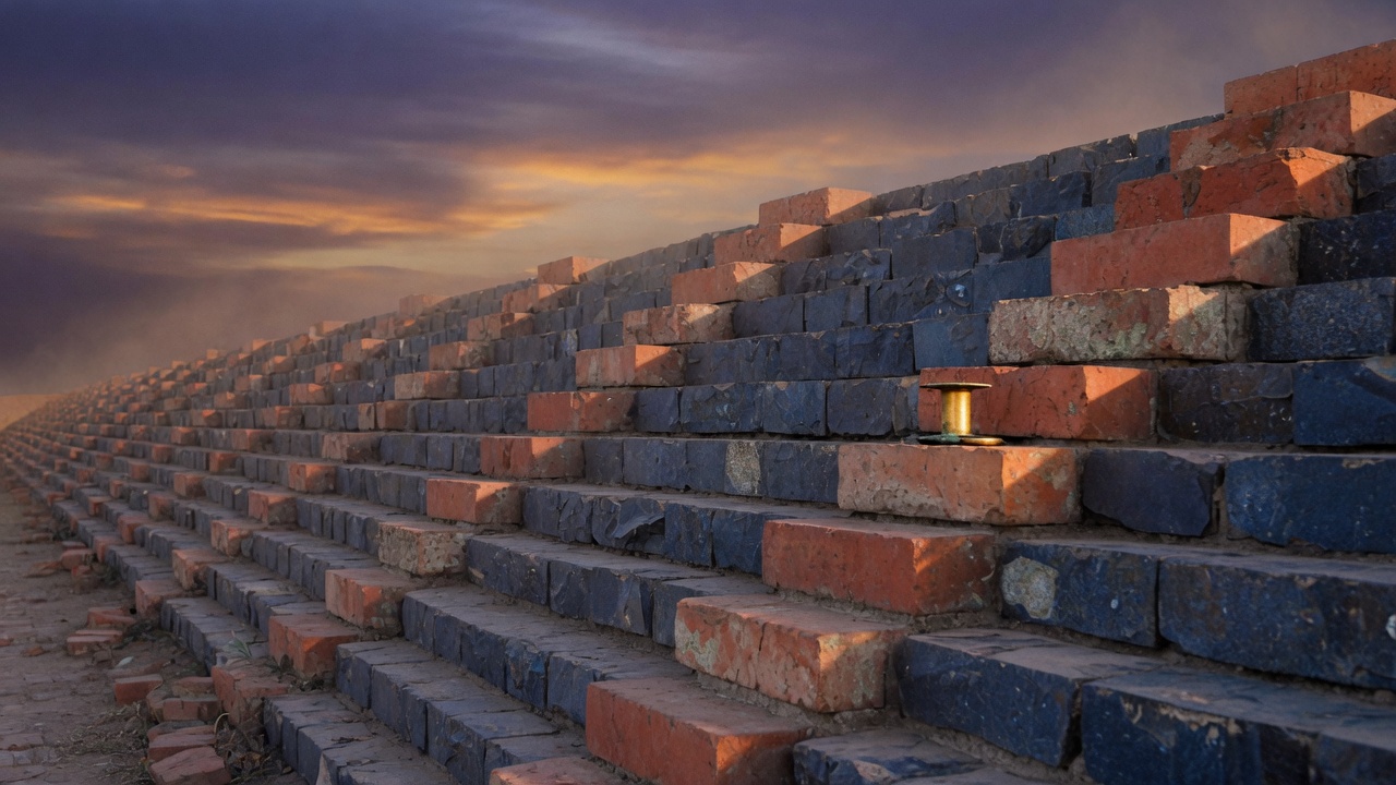 Stacked terracotta and slate blocks in offset masonry courses